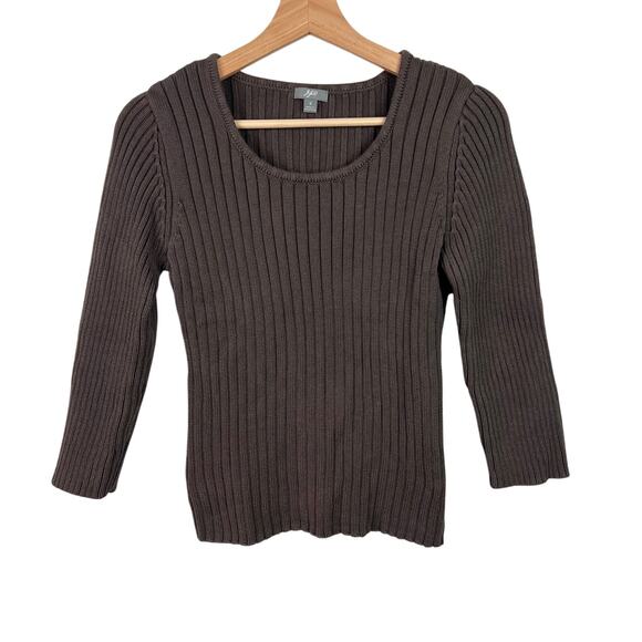 J. Jill Women's Small Brown Scoop Neck Ribbed Knit 3/4 Sleeve Cotton Sweater - Picture 1 of 6